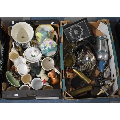 468 - Two Boxes Containing Silver Plate, Spirit Optic, Soda Siphon, Ceramics, WWI Shell Cases etc