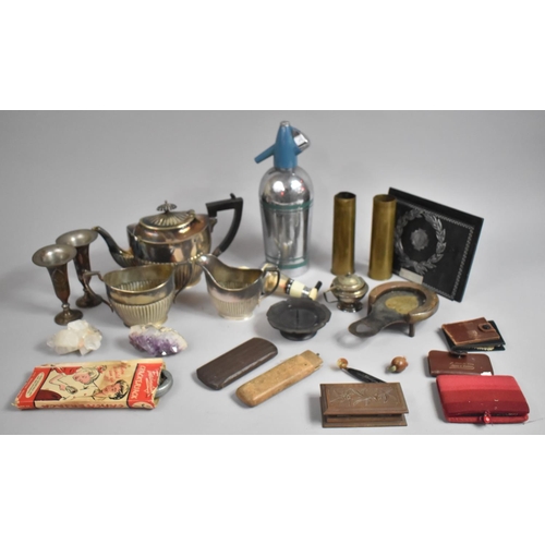 468 - Two Boxes Containing Silver Plate, Spirit Optic, Soda Siphon, Ceramics, WWI Shell Cases etc