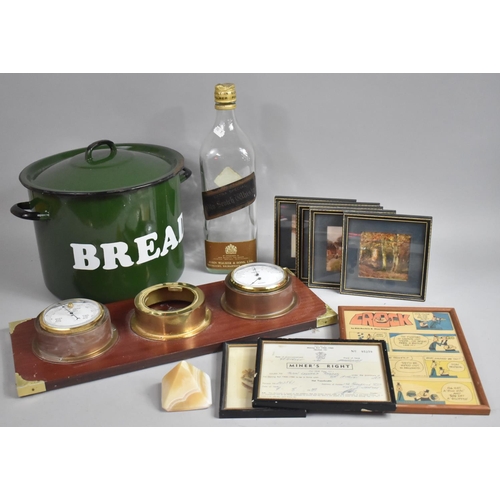 472 - A Green Enamel Bread Bin, Part Brass Mounted Weather Station, Pictures and Prints etc