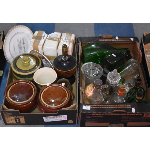 474 - Two Boxes Containing Glazed Cooking Pots, Bottles etc