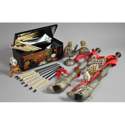 485 - A Collection of Oriental Items to Include Chop Sticks, Temple Lion Figures, etc