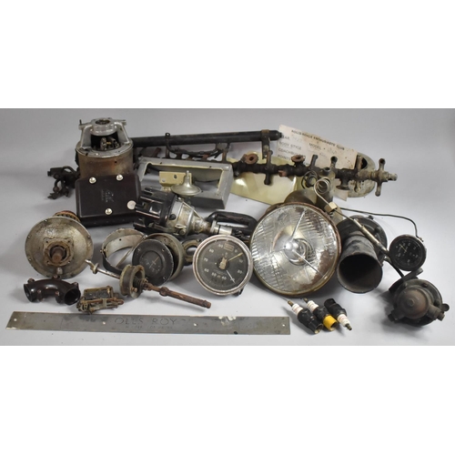 490 - A Collection of Various Vintage Motoring Parts to Include Lucas Headlights, Rolls Royce Switch Box C... 