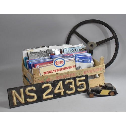 492 - A Collection of Vintage Sundries to Include Steering Wheel, Number Plate and Boneshaker and Other Vi... 