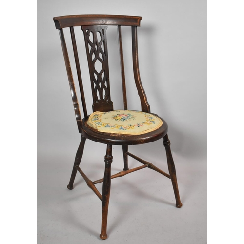 522 - An Edwardian Inlaid Mahogany Circular Tapestry Seated Side Chair with Pierced Back Splat