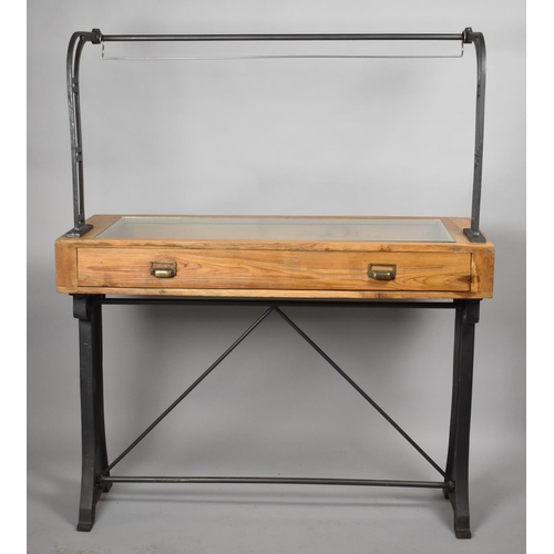 526 - A Modern Haberdashery Iron Based Side Table with Glazed Top and Raised Ironwork Hanger, Single Drawe... 