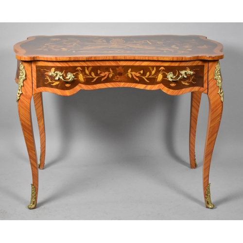 538 - A Modern Italian Inlaid Crossbanded Side Table with Ormolu Mounts and Handles, Single Long Drawer, E... 