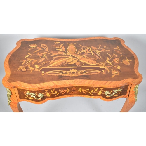 538 - A Modern Italian Inlaid Crossbanded Side Table with Ormolu Mounts and Handles, Single Long Drawer, E... 