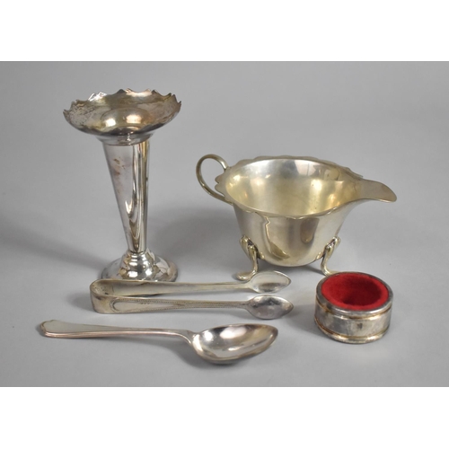 549 - A Silver Plated Bud Vase, Teaspoon, Sugar Bow, Bottle Drip Ring and Small Sauce Boat