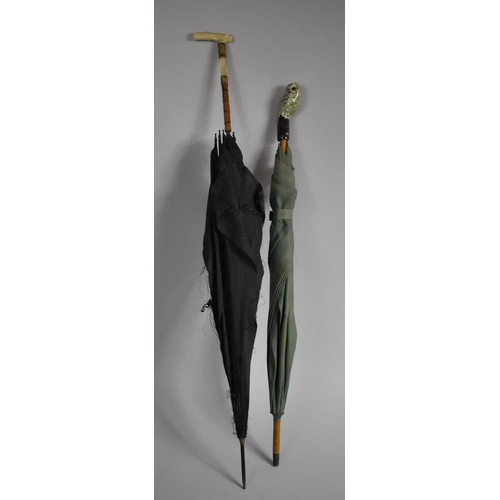 550 - Two Mid 20th Century Ladies Parasols One with Owl Handle and the Other with Gilt and Mother of Pearl... 