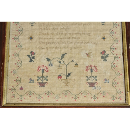 110 - A George IV Needlework Sampler Dated 1830 in the Original Painted Pine Frame, 41x52cms