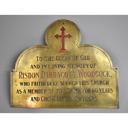 80 - A 19th Century Brass Memorial Plaque Dedicated to Risdon Darracott Woodcock Choirmaster. 35x42cms