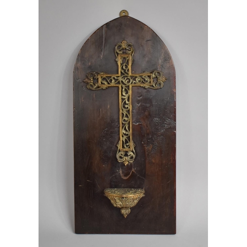 81 - A 19th Century Continental Gilt Metal Crucifix and Holy Water Stoup, Mounted on a Gothic Shaped Wood... 