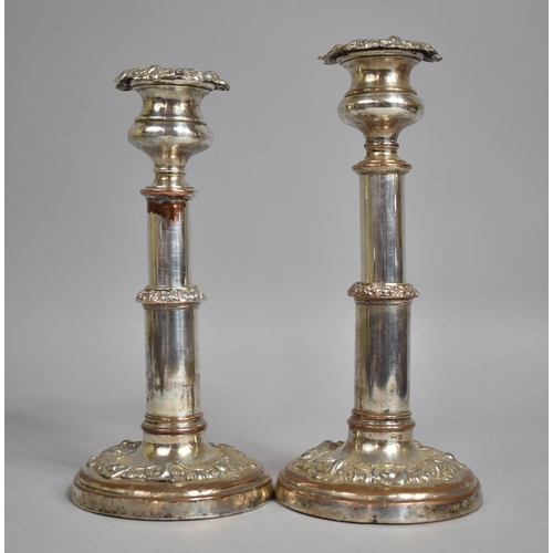 224 - A Pair of Early 19th Century Sheffield Plate Telescopic Candlesticks with Rococo Decoration. Max Hei... 