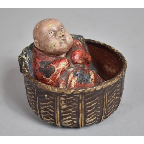 64 - A 19th Century Chinese Carved Wood Figure of a Sleeping Baby in a Wicker Basket with Original Polych... 