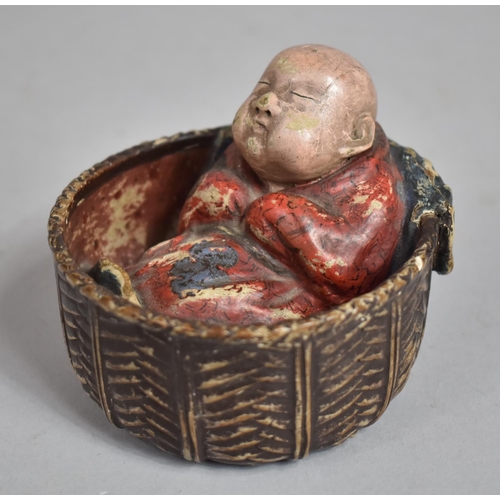 64 - A 19th Century Chinese Carved Wood Figure of a Sleeping Baby in a Wicker Basket with Original Polych... 