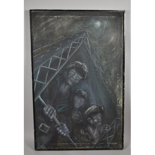 441 - A Mid 20th Century Oil Painting on Canvas of Coal Miners Descending Down a Mine Shaft. 80x125cms