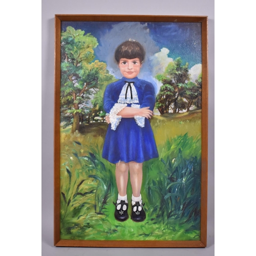 440 - A Mid 20th Century Oil on Board of a Girl in a Blue Dress, Signed Joan Moseley, 1968. 60x90cms