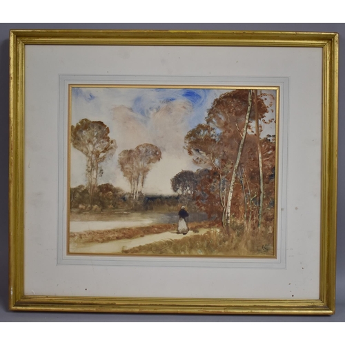 401 - A Mounted Watercolour, French School, Lane Beside Silver Birches Monogrammed AE. Late 19th/Early 20t... 