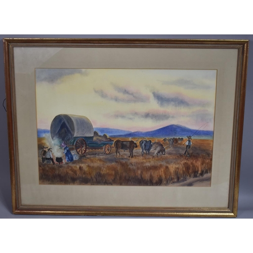 399 - A Gilt Framed Watercolour Depicting South African Settlers Camp with Ox and Wagon 62x43cms, Signed B... 