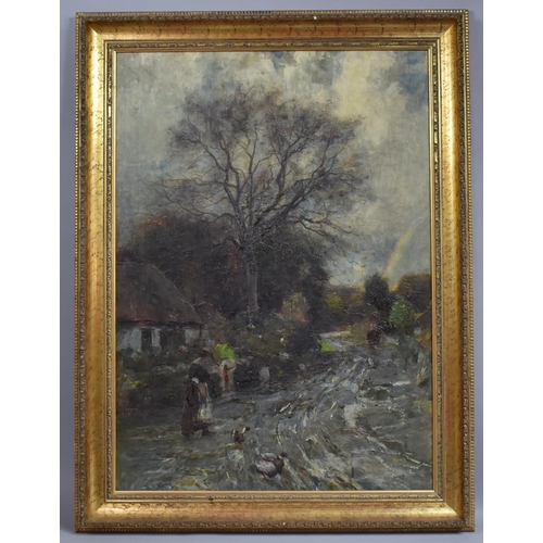 392 - Joshua Anderson Hague (1850-1916) Oil on Board, River Cottage Scene with Figure and Ducks. Gilt Fram... 