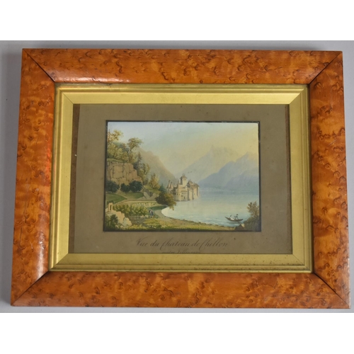 394 - A Maple Framed Gouache, 'Vue Du Château De Chillon', Frame 33.5 26.5cms