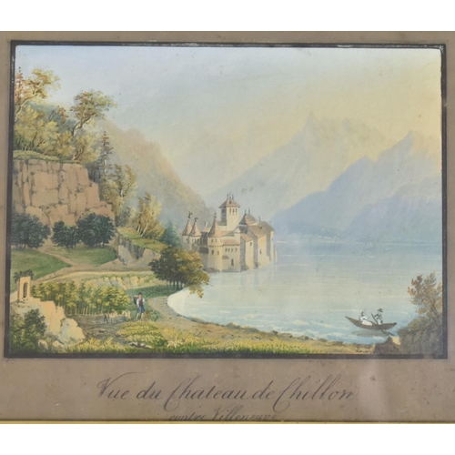 394 - A Maple Framed Gouache, 'Vue Du Château De Chillon', Frame 33.5 26.5cms