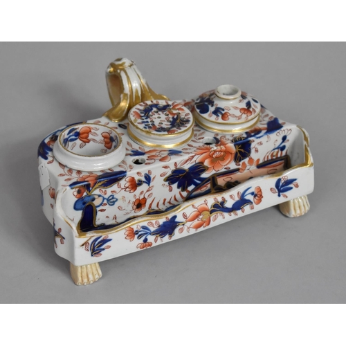 342 - A 19th Century Porcelain Imari Inkwell Desk Stand/Set with recessed Covered Wells for Ink, Sander, Q... 