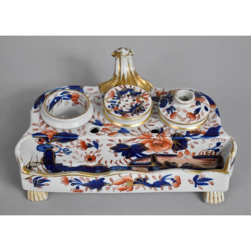 342 - A 19th Century Porcelain Imari Inkwell Desk Stand/Set with recessed Covered Wells for Ink, Sander, Q... 