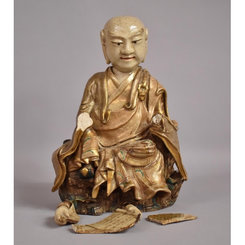 381 - A Heavy Meiji Period Japanese Satsuma Pottery Figure of Seated Scholar/Immortal, Substantial Conditi... 