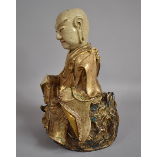 381 - A Heavy Meiji Period Japanese Satsuma Pottery Figure of Seated Scholar/Immortal, Substantial Conditi... 