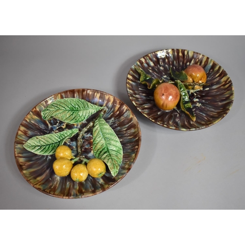 347 - Two Portuguese Majolica Chargers in the Style of Carlos Da Ramna. One Decorated in relief with Plums... 