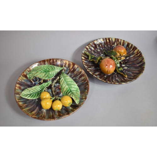 347 - Two Portuguese Majolica Chargers in the Style of Carlos Da Ramna. One Decorated in relief with Plums... 