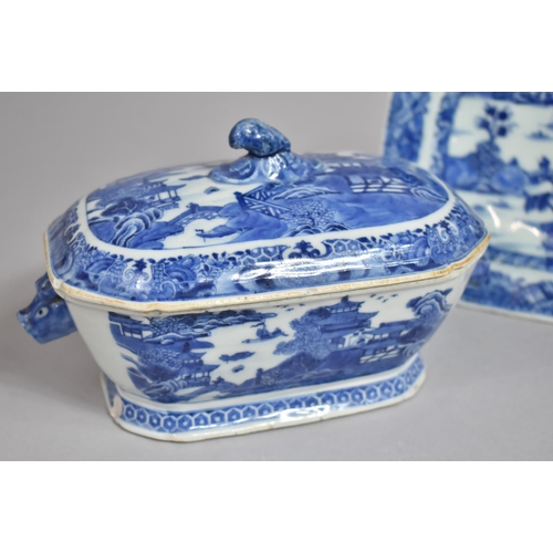 351 - An 18th/19th Century Chinese Porcelain Blue and White Export Lidded Tureen of Small Proportions Deco... 