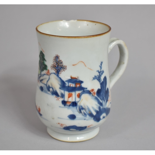 384 - An 18th Century Imari Clobbered Tankard with Under Blue Glaze and Red Painted Scene Depicting Lake, ... 