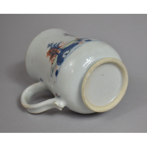 384 - An 18th Century Imari Clobbered Tankard with Under Blue Glaze and Red Painted Scene Depicting Lake, ... 