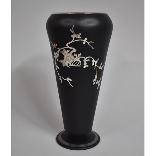 284 - An Opaque Black Art Glass Vase having Applied Silver Overlay with Blossoming Flowers on Vine, Of Foo... 