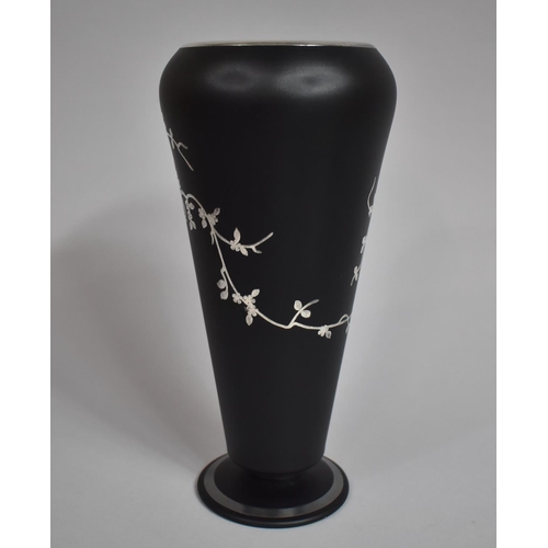 284 - An Opaque Black Art Glass Vase having Applied Silver Overlay with Blossoming Flowers on Vine, Of Foo... 