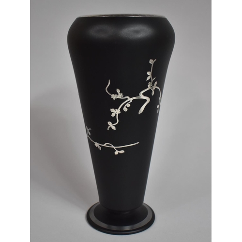 284 - An Opaque Black Art Glass Vase having Applied Silver Overlay with Blossoming Flowers on Vine, Of Foo... 