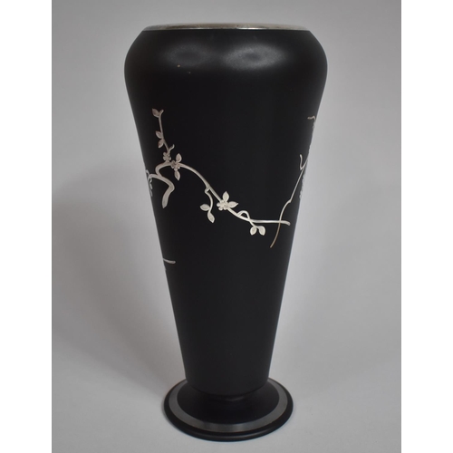 284 - An Opaque Black Art Glass Vase having Applied Silver Overlay with Blossoming Flowers on Vine, Of Foo... 