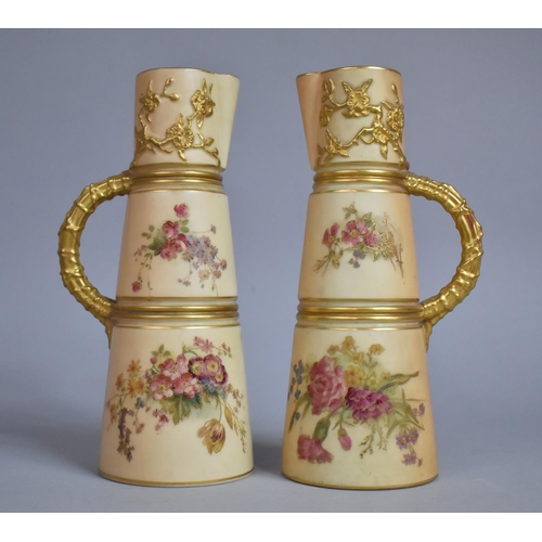 306 - A Pair of Royal Worcester Blush Ivory Ewer Jugs, Floral Hand Painted Decoration, Stylised Branch Han... 