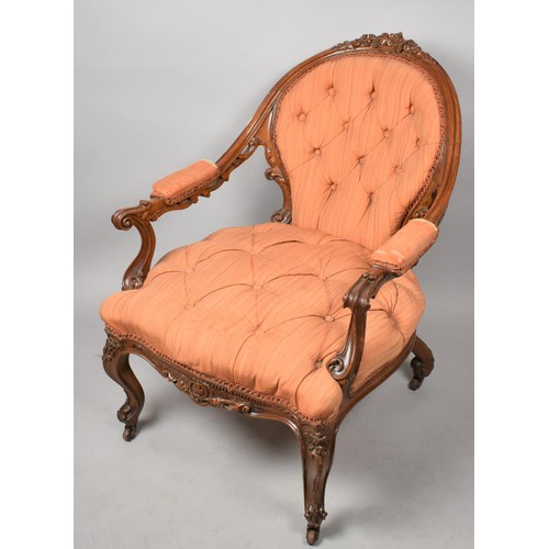 432 - A Pretty Victorian Walnut Framed Armchair with Carved Foliate Decoration and Buttoned Upholstery, Sc... 