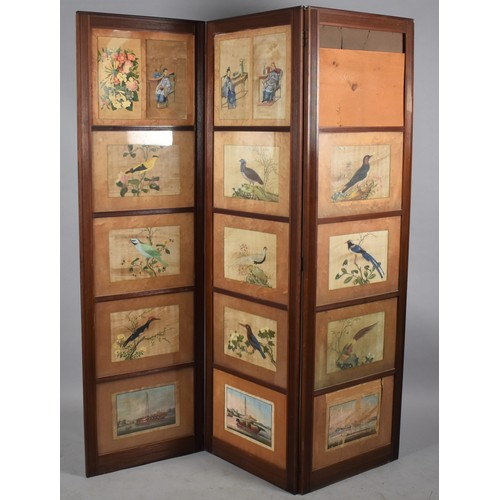 433 - A Chinese Three Fold Screen with Glazed Panels Containing Hand Painted Silk Pictures of Birds, Figur... 