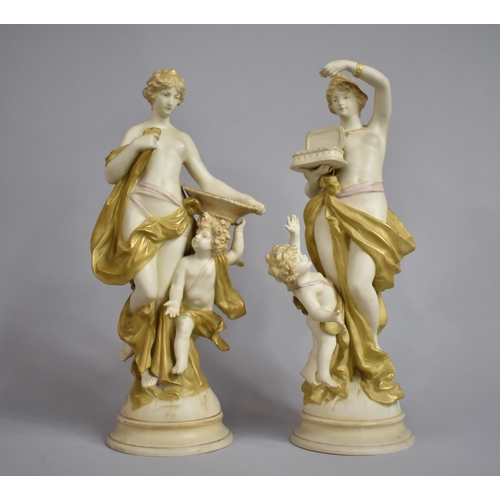 341 - A Pair of Wahliss Royal Vienna Figure Groups in the Form of Classical Nude Maidens and Cherubs, Cond... 