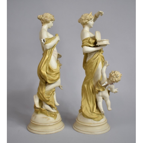 341 - A Pair of Wahliss Royal Vienna Figure Groups in the Form of Classical Nude Maidens and Cherubs, Cond... 