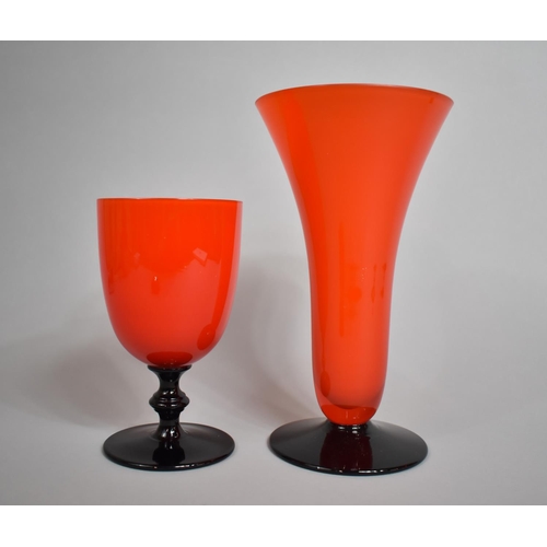 285 - An Art Deco Schneuder Glass Vase in Orange and on Black Glass Stem and Foot, Together with Goblet, V... 