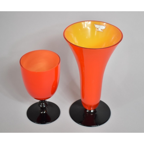 285 - An Art Deco Schneuder Glass Vase in Orange and on Black Glass Stem and Foot, Together with Goblet, V... 