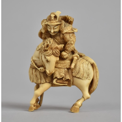 261 - A Japanese Meiji Period Finely Carved Okimono in the Form of a Warrior on Horse, Condition Issues, 7... 