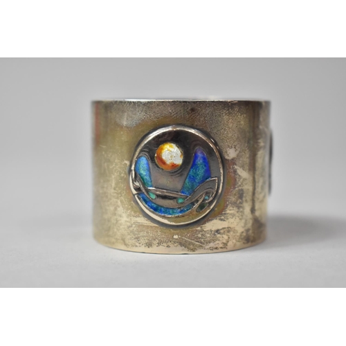 257 - A Liberty and Co Cymric Silver and Enamel Napkin Ring, Having Three Circular Organic Motif Designs. ... 