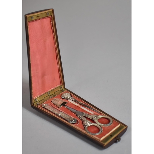 260 - A 19th Century Sewing Necessaire/Etui Housed within a Marquetry Treen Box Containing White Metal Imp... 