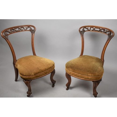 438 - A Pair of Late Victorian Mahogany Framed Nursing Chairs having Balloon Backs with Carved and Pierced... 